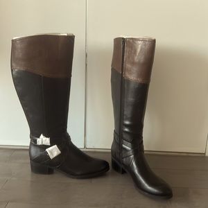 Black knee high boots with brown trim + block heel
